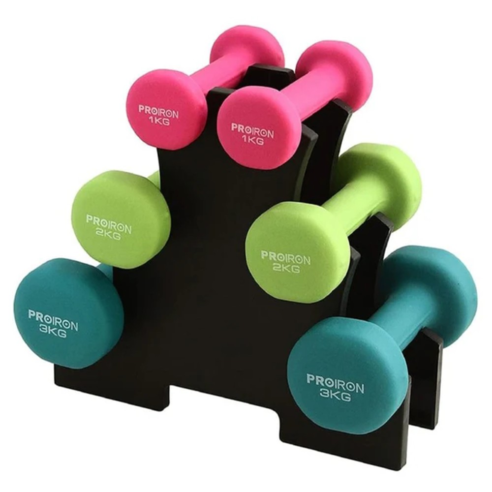 Set de mancuernas de neopreno PROIRON de 1KG, 2KG y 3KG + Rack PRKNDS12K