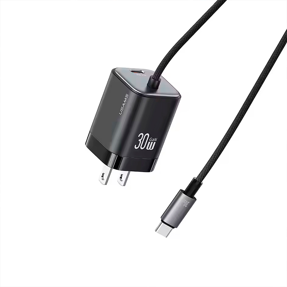 Cargador celular Pared GAN 30W USAMS + Cable Tipo-C Negro 6958444992709